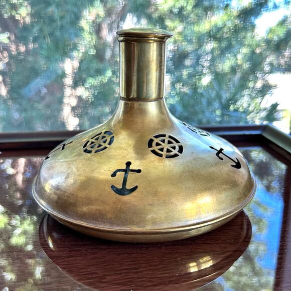 Vintage Swedish Captain’s Decanter – Brass Over Glass, Cork Top – Anchor Design - Picture 8 of 11